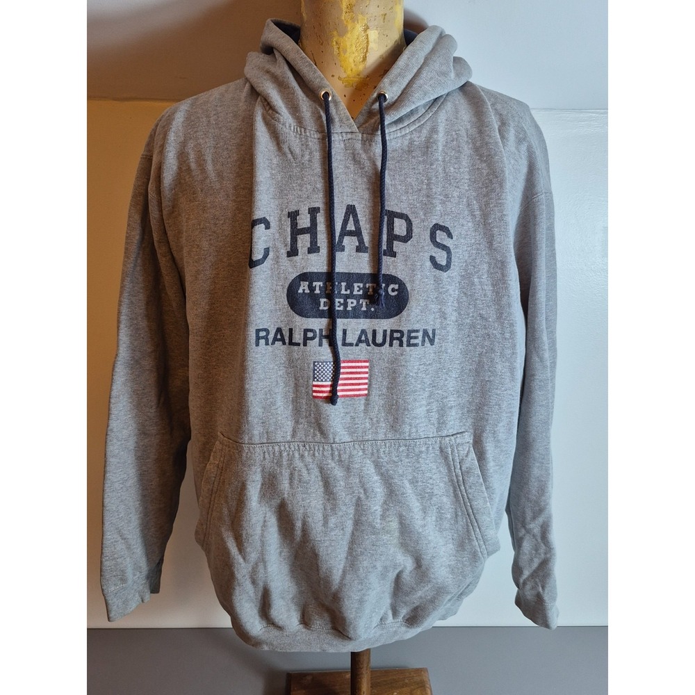 Vintage Y2K Chaps Ralph Lauren Mens Hoodie Medium Gray US Flag